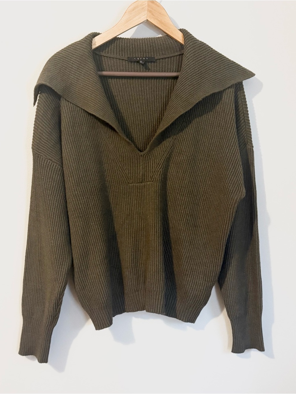 Cyrus Dark Olive Shawl Collar Ribbed Knit Sweater XL